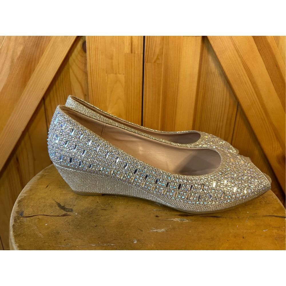Forever Open Toe Champagne Rhinestone Embellished Pumps  Wedge Size 10